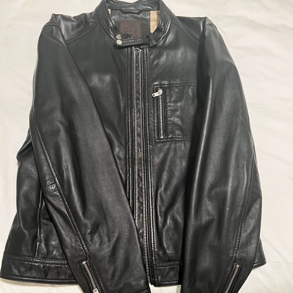 timberland large lambskin leather cafe racer jacket